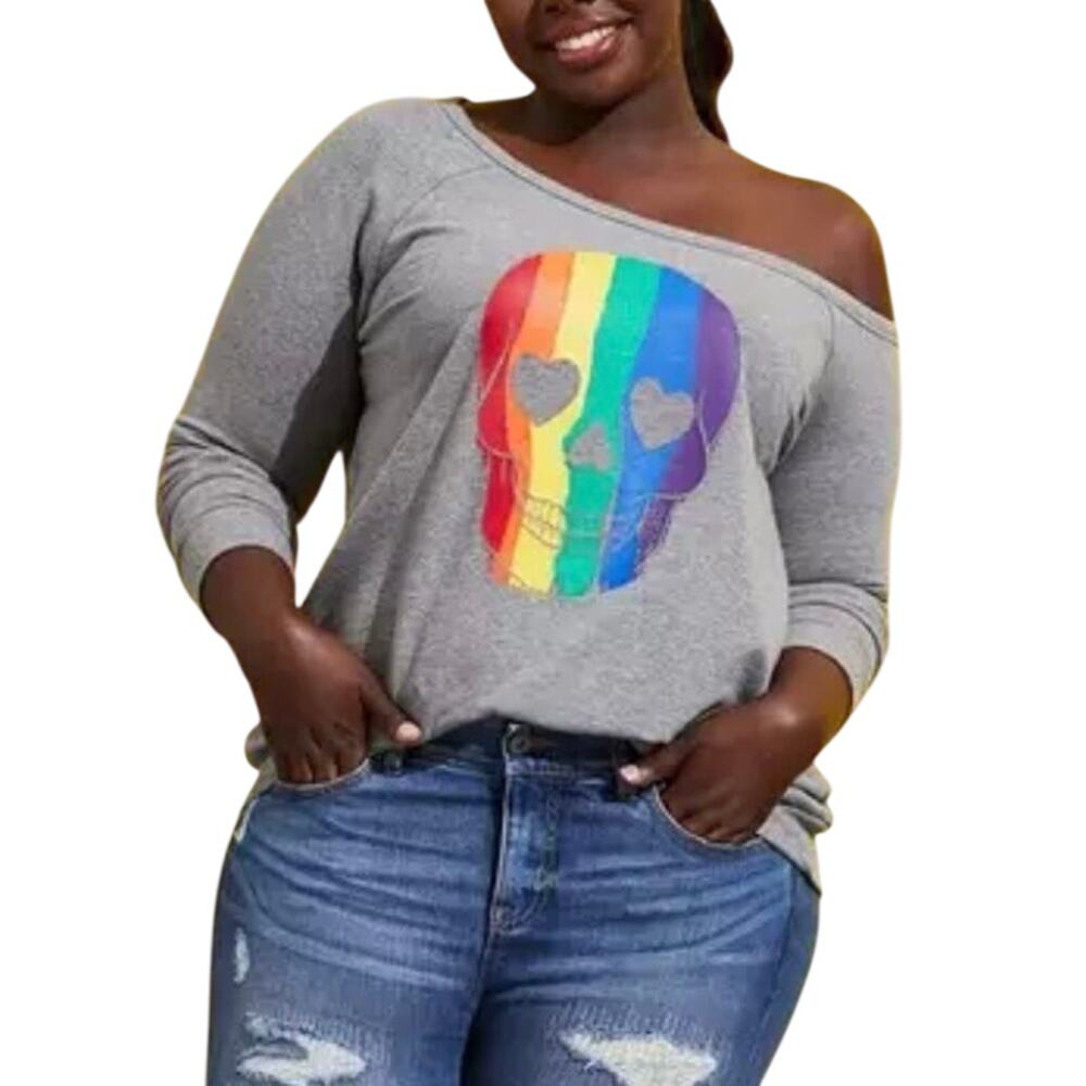 Torrid Rainbow Skull Off Shoulder Sweatshirt Pride Goth Punk Size 1